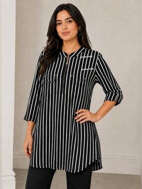 BEPEI Womens Blouse Size XXL Black White Stripe Zipper Faux Pocket Flaps Casual